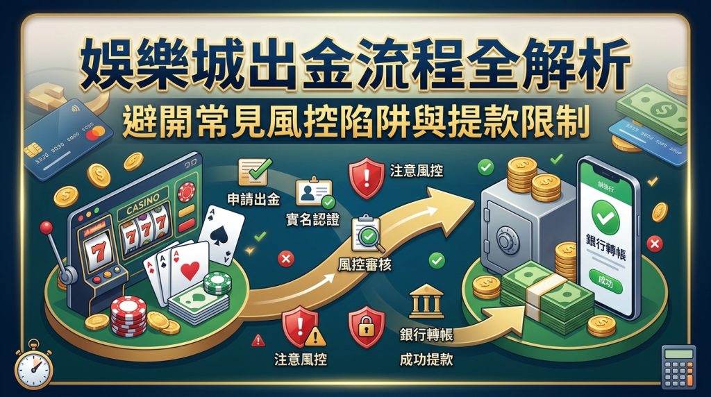 這張 16:9 的文章縮圖以綠色和金色為主調，展現出完整的娛樂城出金與風控審核流程圖解。 畫面上方標有繁體中文標題，並搭配撲克牌、老虎機、安全帽與成功轉帳的手機圖示，整體設計質感專業且易於閱讀。