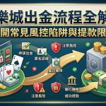 這張 16:9 的文章縮圖以綠色和金色為主調，展現出完整的娛樂城出金與風控審核流程圖解。 畫面上方標有繁體中文標題，並搭配撲克牌、老虎機、安全帽與成功轉帳的手機圖示，整體設計質感專業且易於閱讀。