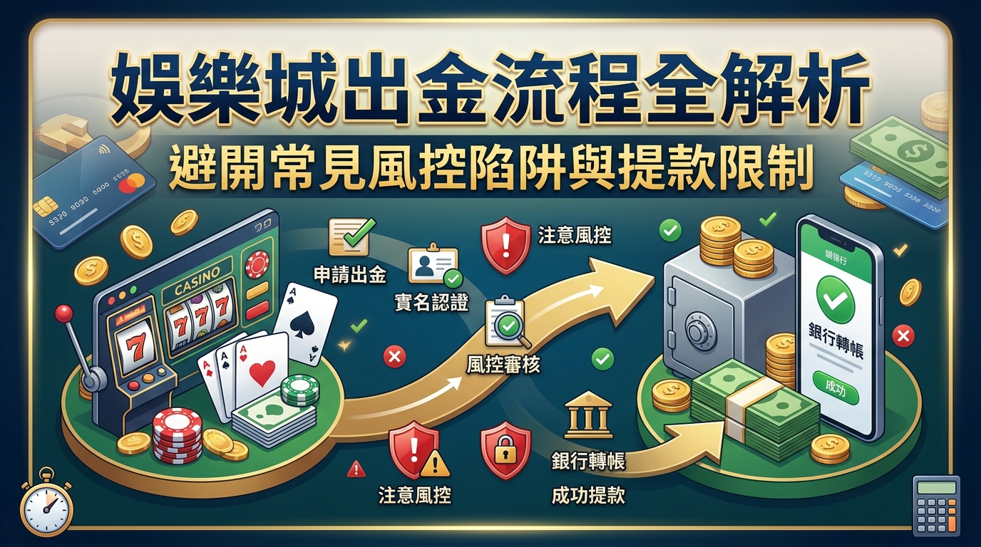 這張 16:9 的文章縮圖以綠色和金色為主調，展現出完整的娛樂城出金與風控審核流程圖解。 畫面上方標有繁體中文標題，並搭配撲克牌、老虎機、安全帽與成功轉帳的手機圖示，整體設計質感專業且易於閱讀。