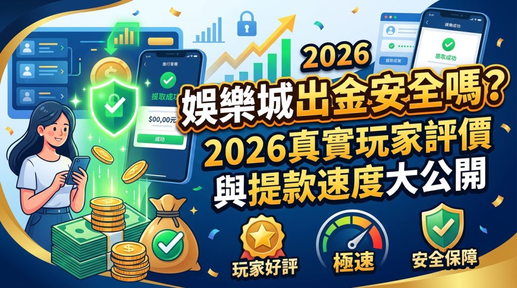 這張圖片是一張 16:9 的文章主題縮圖，主視覺呈現手機成功提款的畫面，並結合綠色安全盾牌、金幣與成長圖表等元素。 畫面右側標有醒目的繁體中文標題「娛樂城出金安全嗎？2026真實玩家評價與提款速度大公開」，下方搭配「玩家好評」、「極速」與「安全保障」圖示。