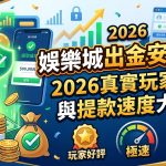 這張圖片是一張 16:9 的文章主題縮圖,主視覺呈現手機成功提款的畫面,並結合綠色安全盾牌、金幣與成長圖表等元素。 畫面右側標有醒目的繁體中文標題「娛樂城出金安全嗎?2026真實玩家評價與提款速度大公開」,下方搭配「玩家好評」、「極速」與「安全保障」圖示。